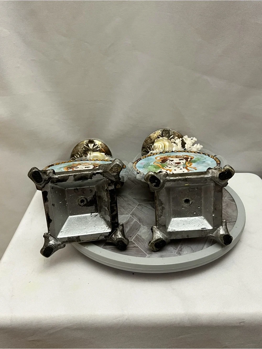 Set of 2 Coastal Dalmatian Dog Seashell Jeweled Candle Holders Sculptures